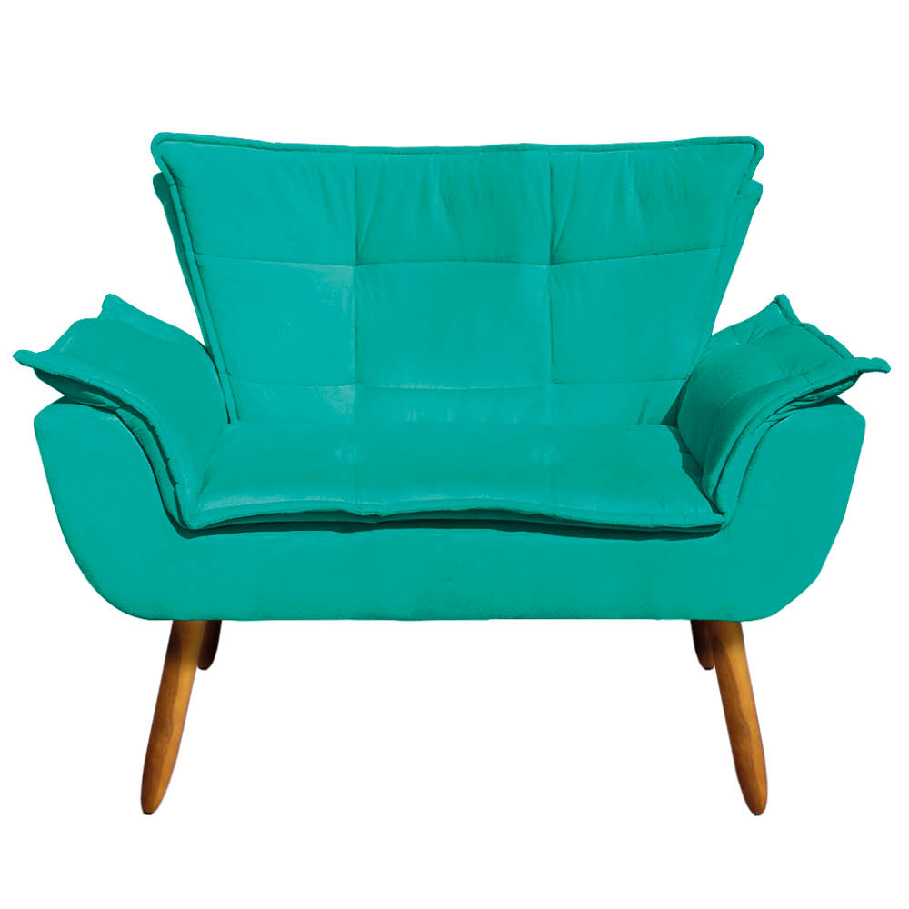 Kit Namoradeira e 02 Poltronas Giratória Opala Suede Verde Turquesa Base de Madeira - D'Rossi