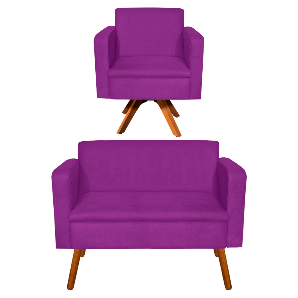 Kit Sofá Namoradeira e 01 Poltrona Giratória Emília Suede Roxo - D'Rossi