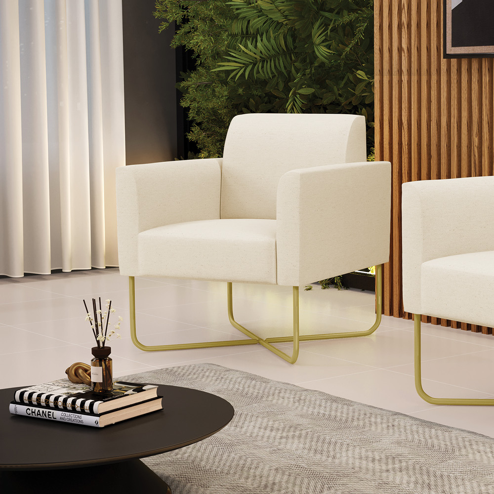 Poltrona Base X Industrial Dourado Marisa Linho Bege A19  D03 - D'Rossi