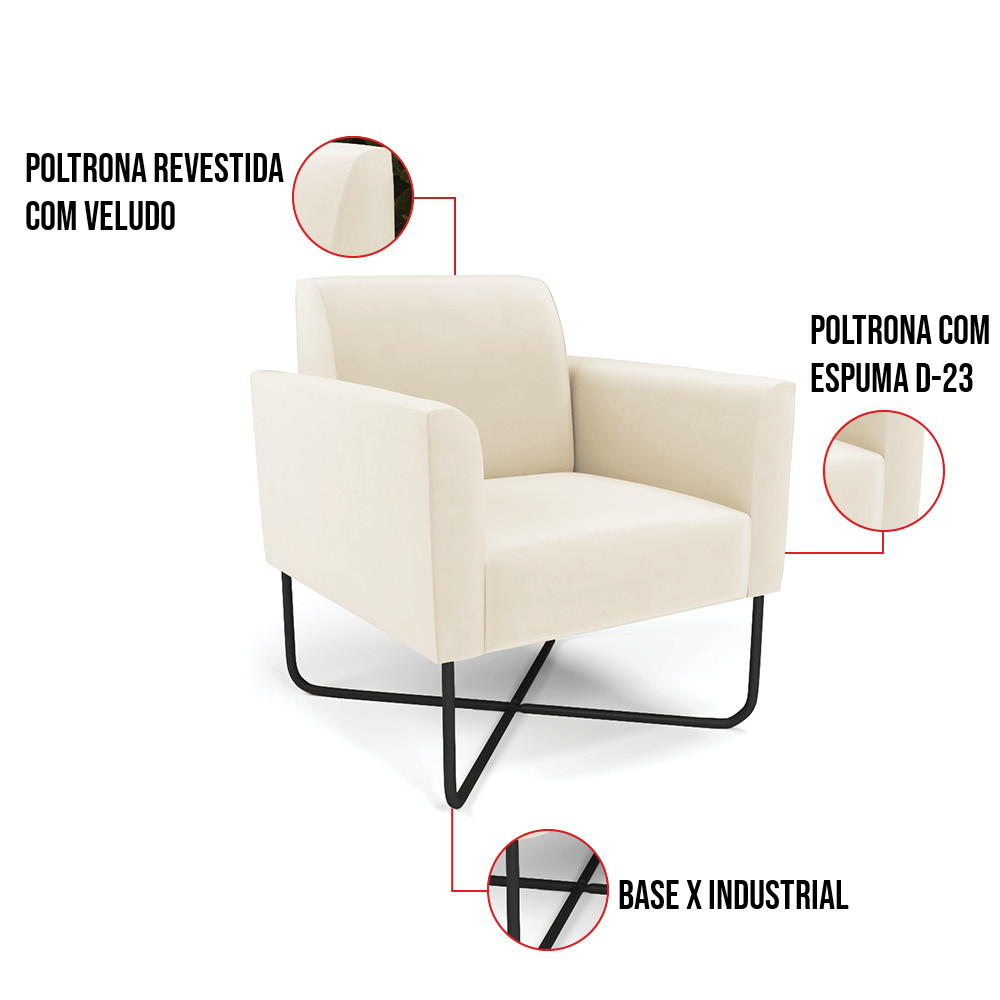 Poltrona Base X Industrial Preto Marisa Veludo Bege D03 - D'Rossi