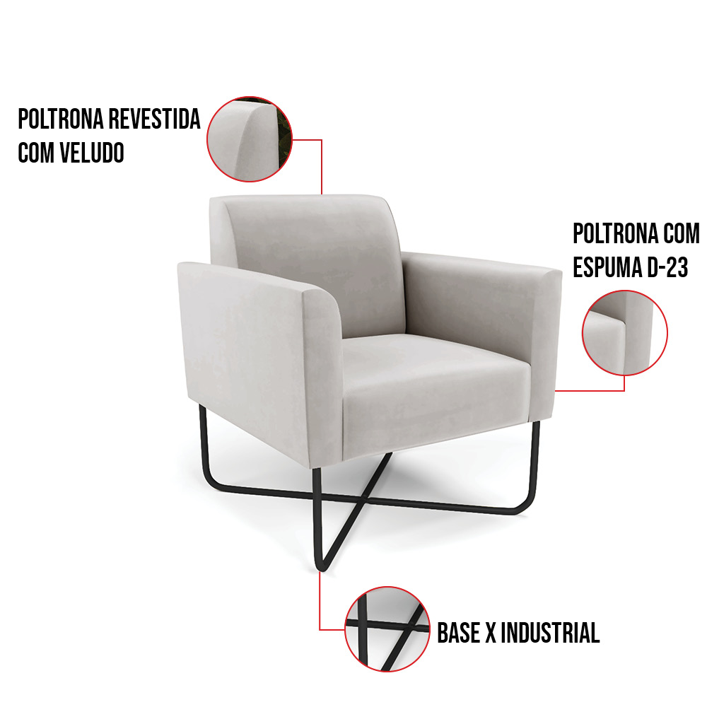 Poltrona Base X Industrial Preto Marisa Veludo Cinza D03 - D'Rossi