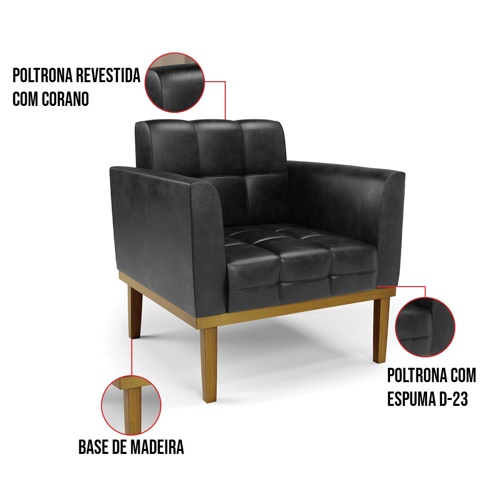 Poltrona Base de Madeira Fixa Castanho Elisa Corano Preto D03 - D?Rossi