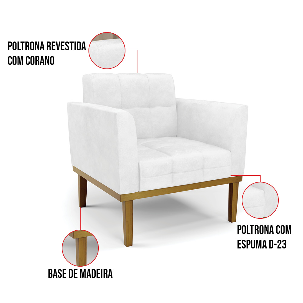 Poltrona Base de Madeira Fixa Castanho Kit 2 Elisa Corano Branco D03 - D'Rossi