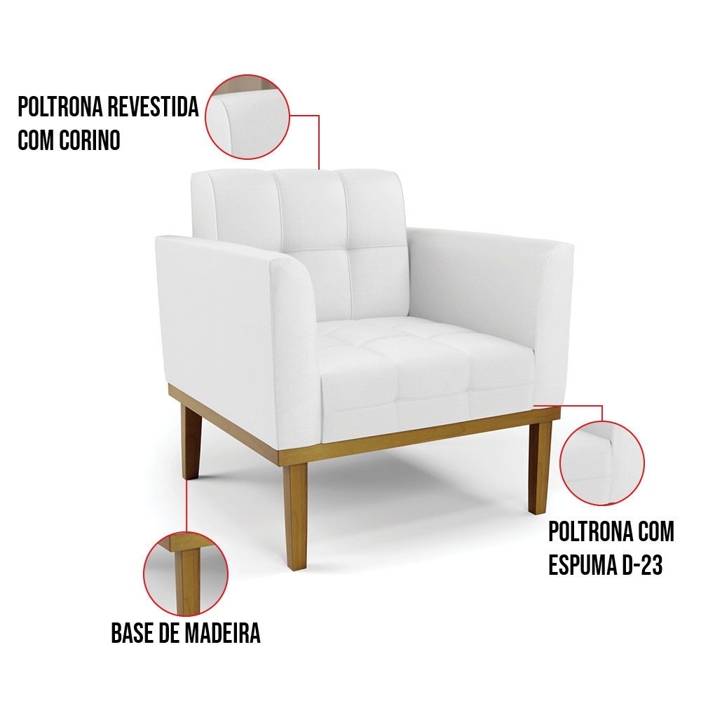 Poltrona Base de Madeira Fixa Castanho Kit 2 Elisa Corino Branco D03 - D?Rossi
