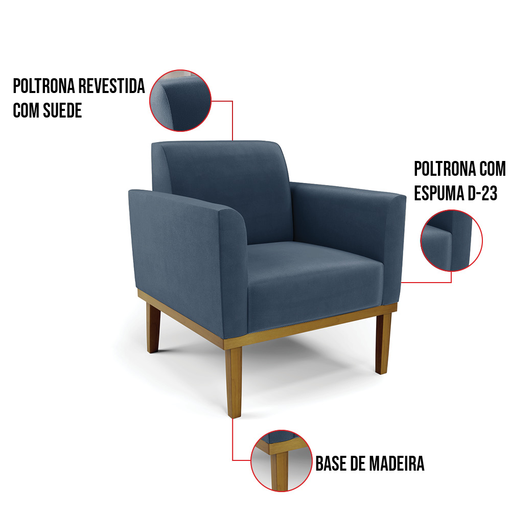 Poltrona Base de Madeira Fixa Castanho Marisa Suede Azul Marinho D03 - D'Rossi