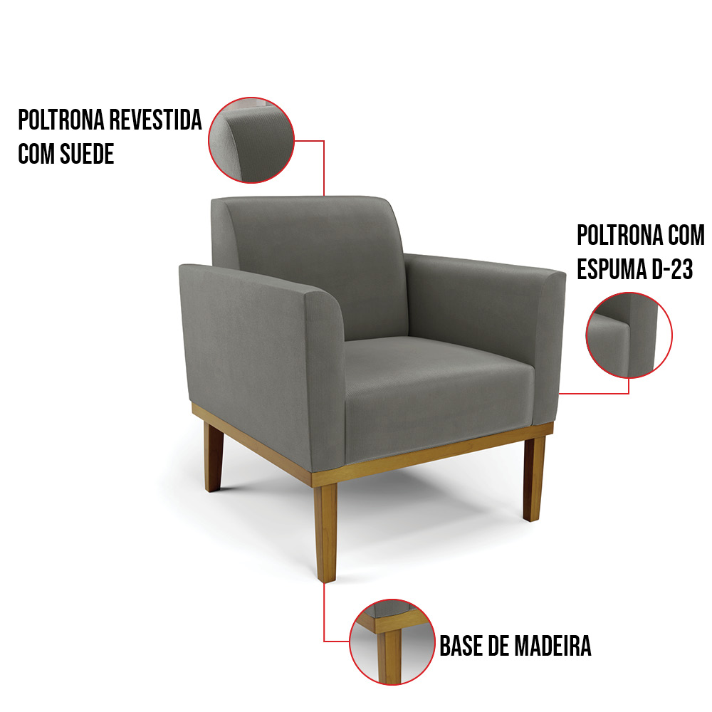 Poltrona Base de Madeira Fixa Castanho Marisa Suede Grafite D03 - D'Rossi
