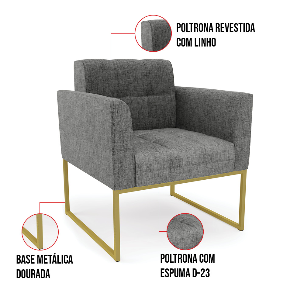 Poltrona Elisa Linho Grafite A26 Base Metálica Industrial Dourada - D'Rossi