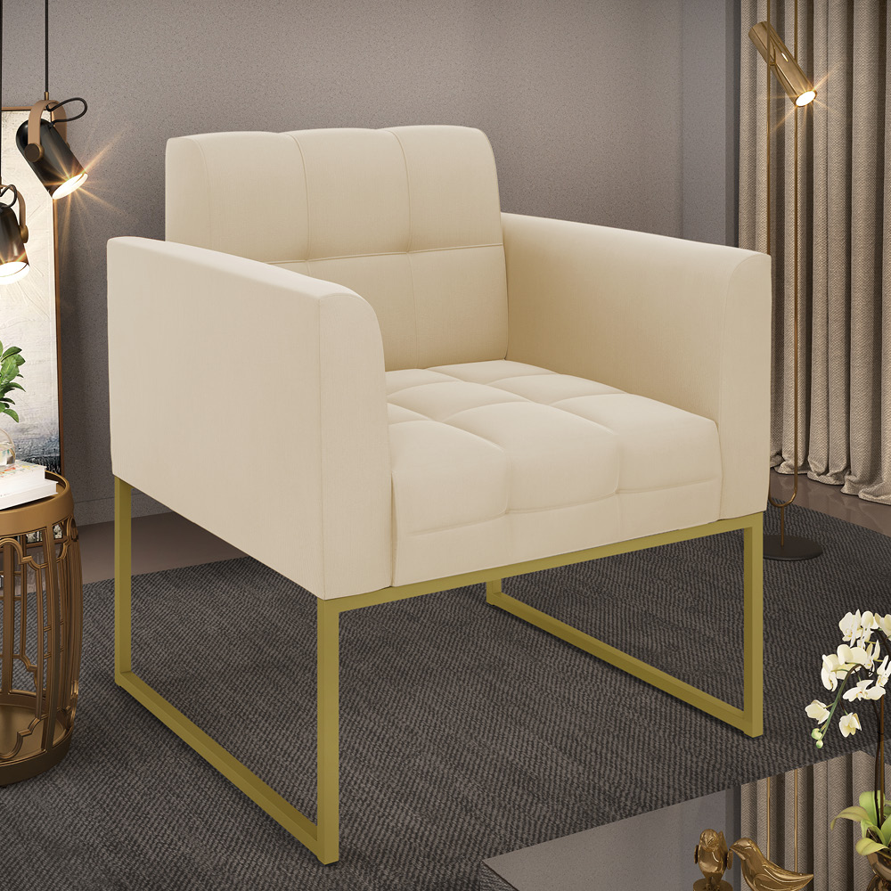 Poltrona Elisa Suede Bege Base Metálica Industrial Dourada - D'Rossi