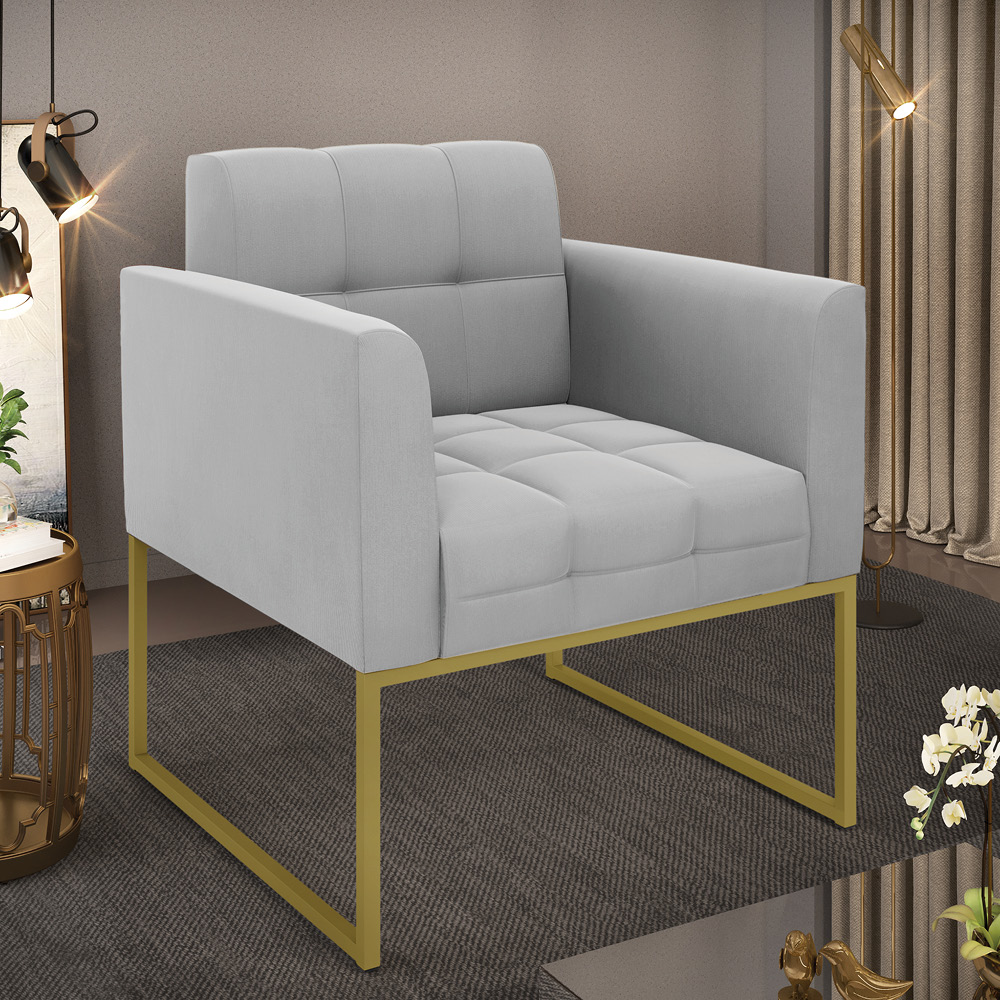 Poltrona Elisa Suede Cinza Base Metálica Industrial Dourada - D'Rossi