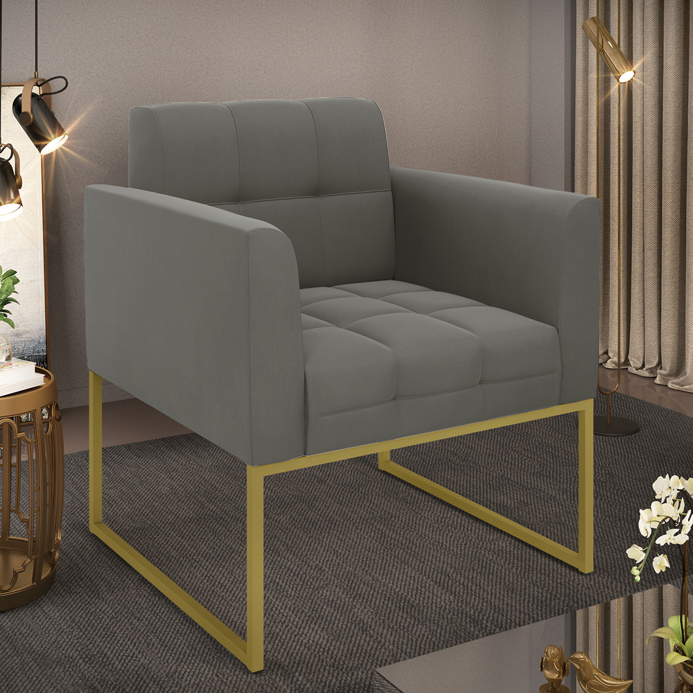Poltrona Elisa Suede Grafite Base Metálica Industrial Dourada - D'Rossi