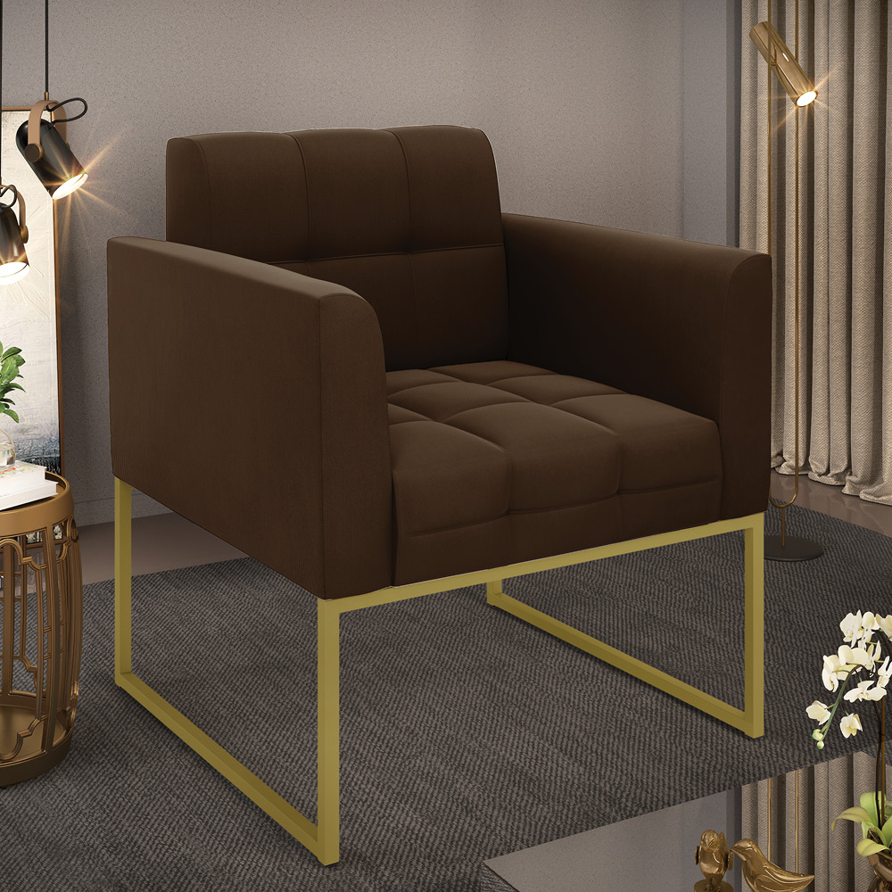 Poltrona Elisa Suede Marrom Base Metálica Industrial Dourada - D'Rossi