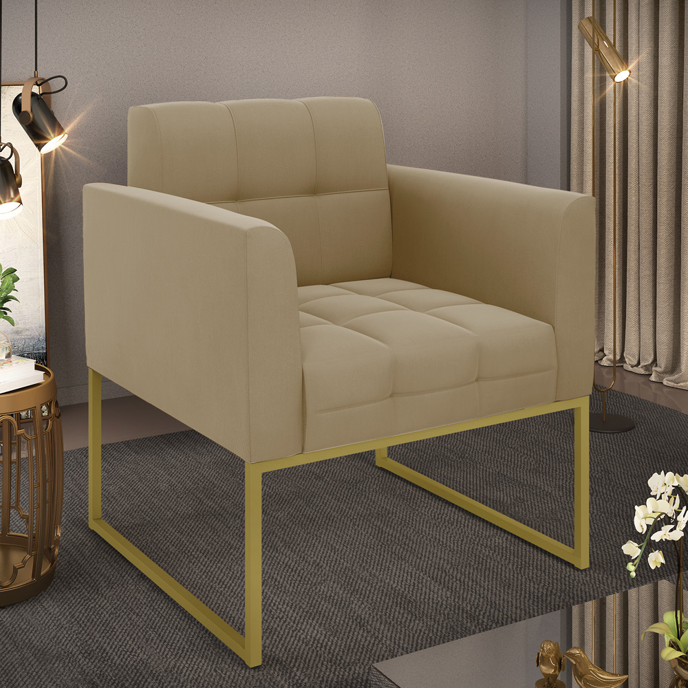 Poltrona Elisa Suede Marrom Rato Base Metálica Industrial Dourada - D'Rossi