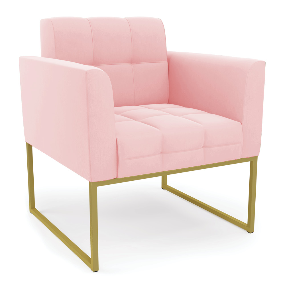 Poltrona Elisa Suede Rosa Bebê Base Metálica Industrial Dourada - D'Rossi
