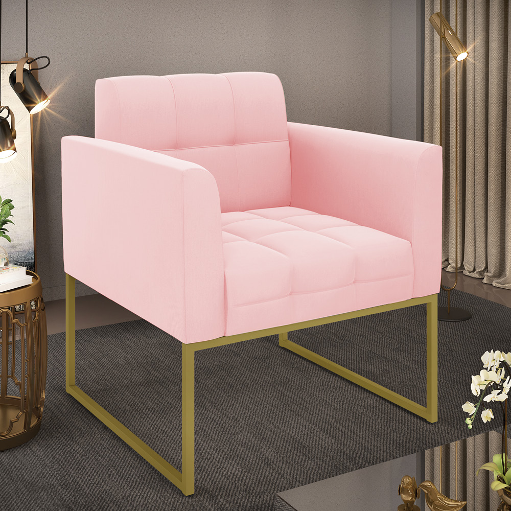 Poltrona Elisa Suede Rosa Bebê Base Metálica Industrial Dourada - D'Rossi