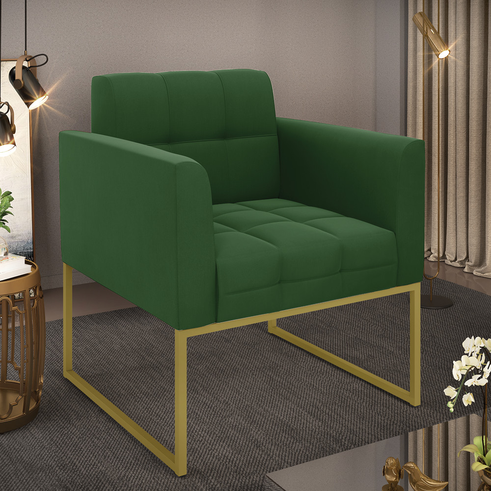 Poltrona Elisa Suede Verde Base Metálica Industrial Dourada - D'Rossi