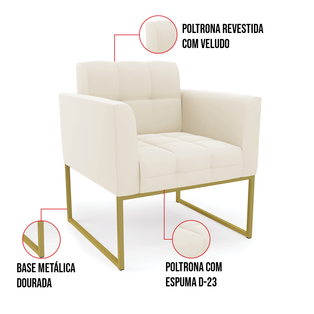 Poltrona Elisa Veludo Bege Base Metálica Industrial Dourado - D'Rossi