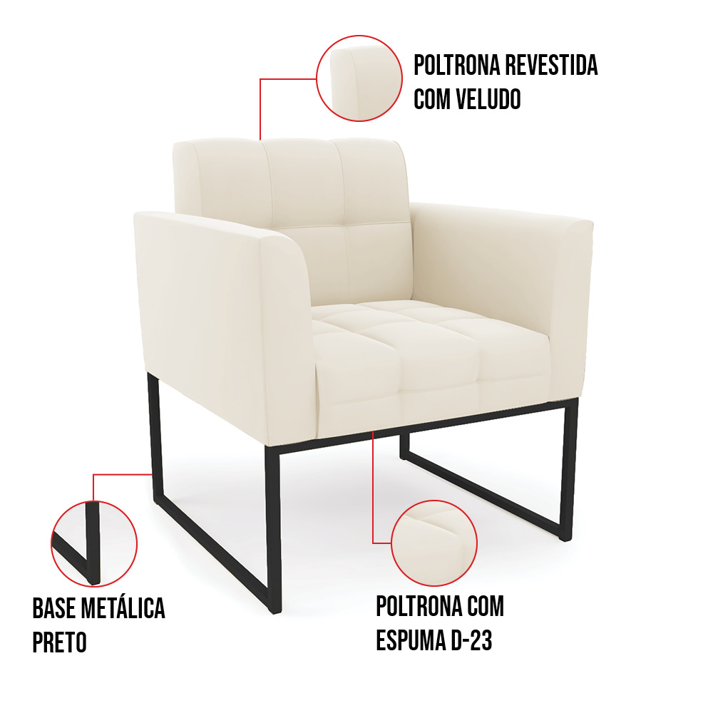 Poltrona Elisa Veludo Bege Base Metálica Industrial Preto D03 - D'Rossi