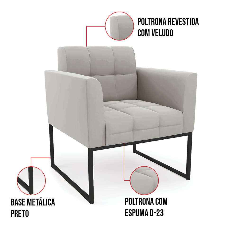 Poltrona Elisa Veludo Cinza Base Metálica Industrial Preto D03 - D'Rossi