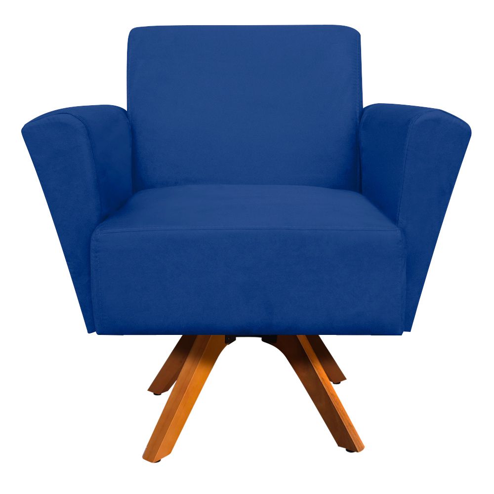 Poltrona Giratória Dora Suede Azul Royal Base Madeira - D'Rossi