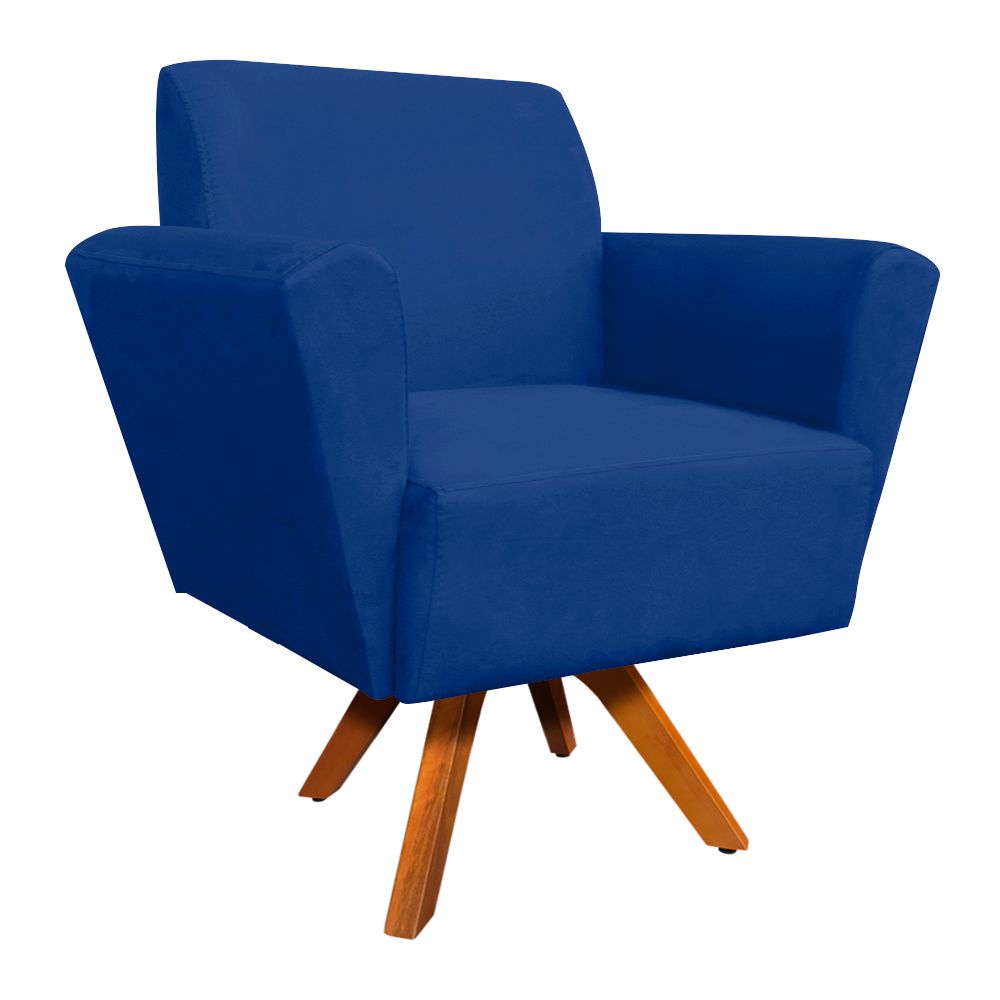 Poltrona Giratória Dora Suede Azul Royal Base Madeira - D'Rossi