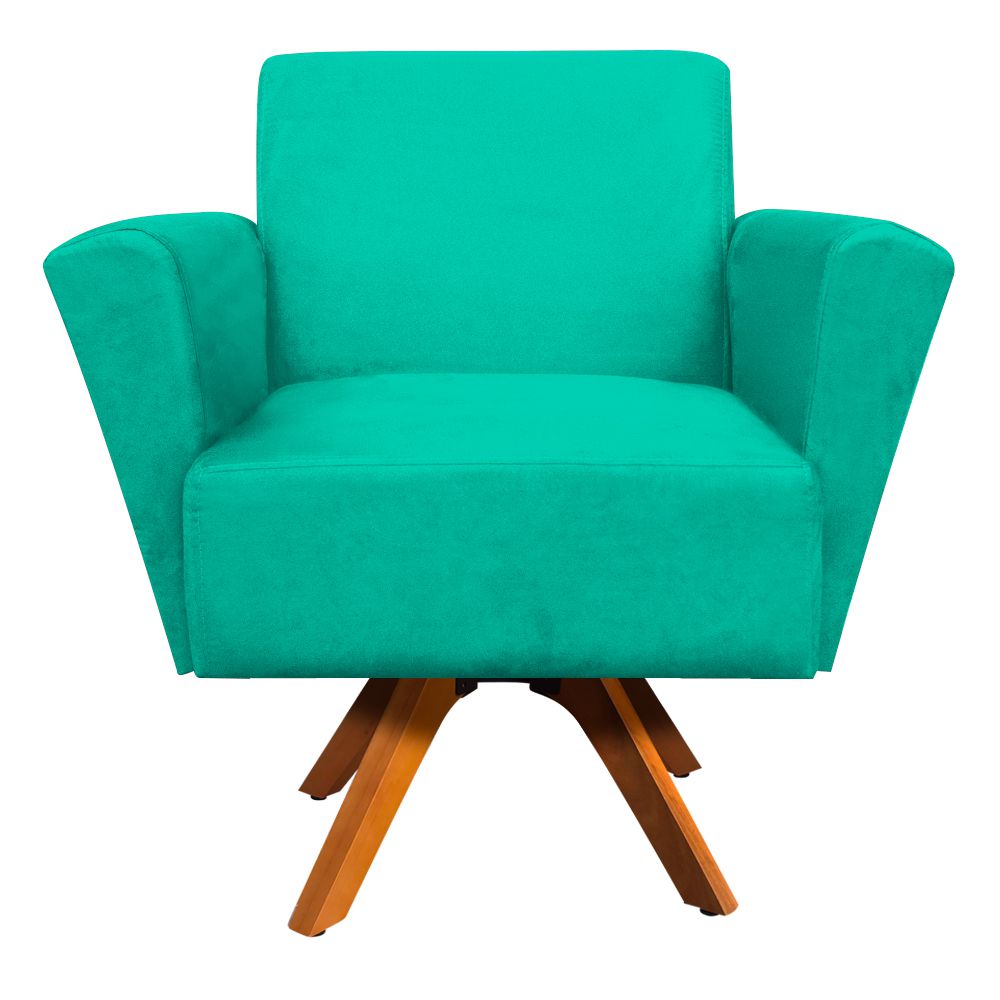 Poltrona Giratória Dora Suede Verde Turquesa Base Madeira - D'Rossi