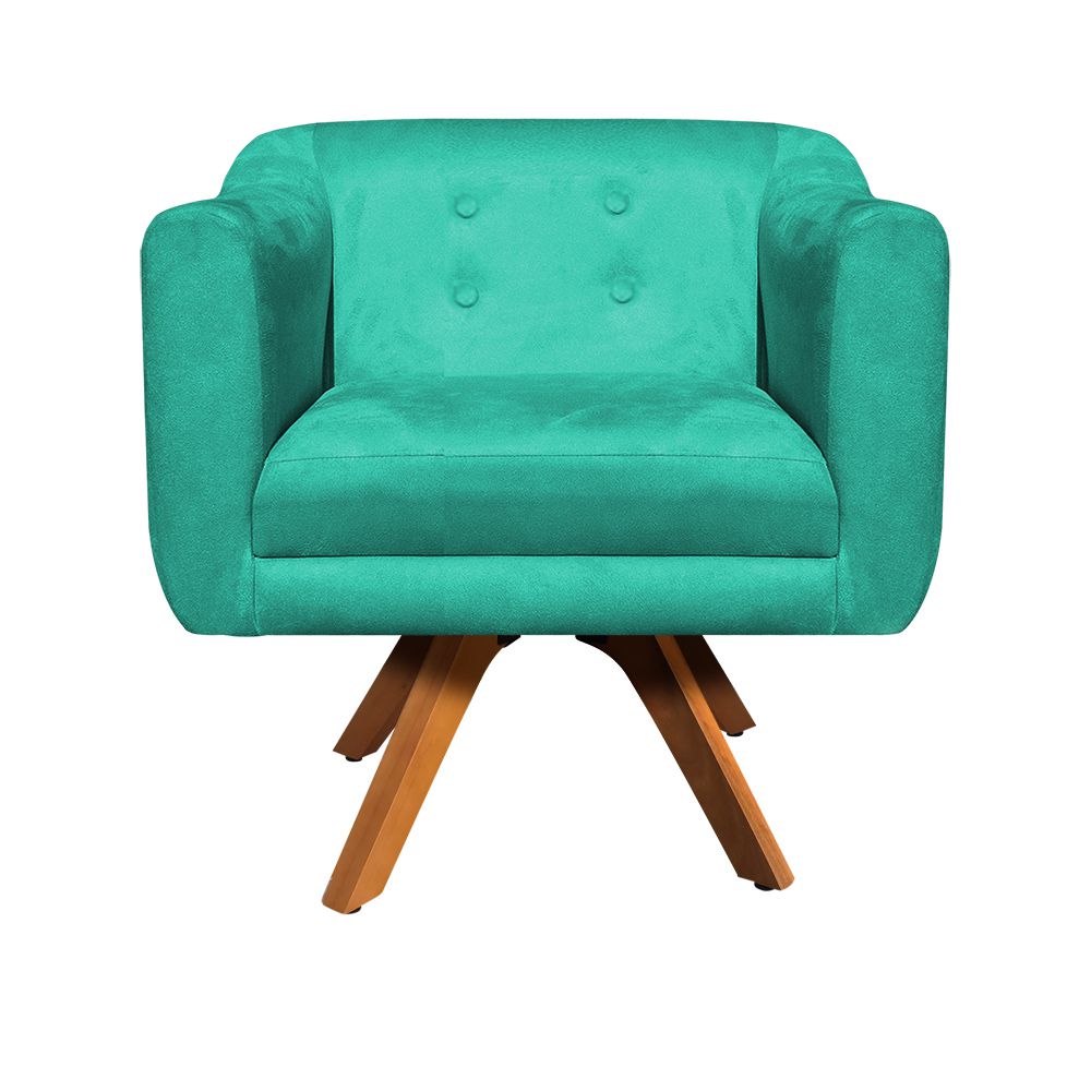 Poltrona Giratória Julia Suede Verde Turquesa Base Madeira - D'Rossi