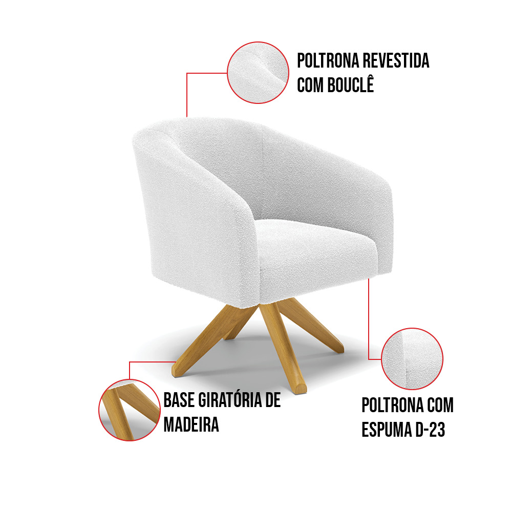 Poltrona Giratória Stella Bouclê Off White Base de Madeira MA30 - D'Rossi