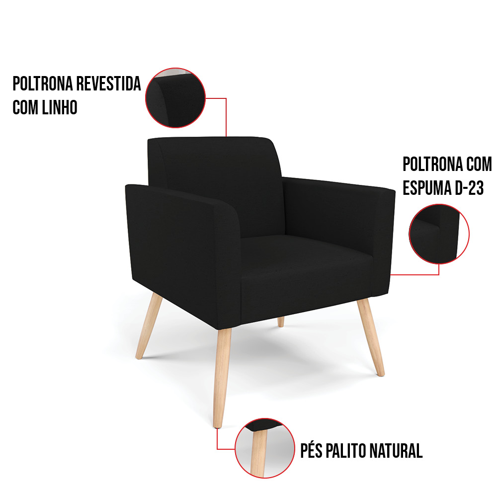 Poltrona Pés Palito Natural Marisa Linho Preto A79 D03 - D'Rossi