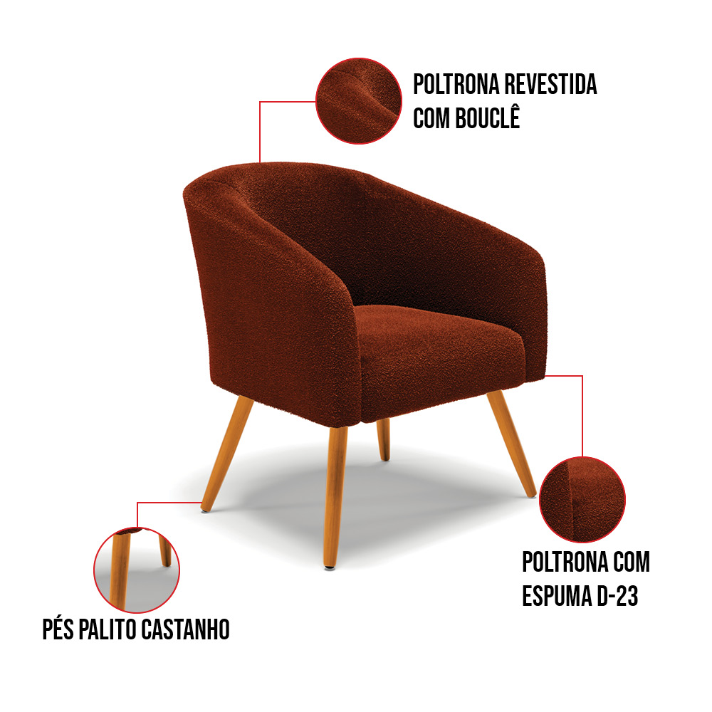 Poltrona Para Sala Pé Palito Castanho Kit 2 Stella Bouclê Terra D03 - D'Rossi