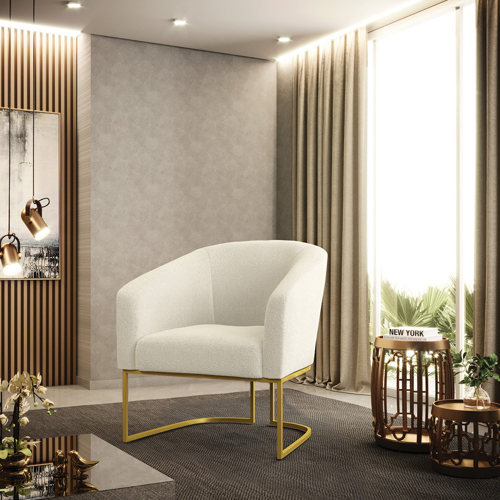Poltrona Stella Bouclê Bege Base Metálica Industrial Dourado - D'Rossi