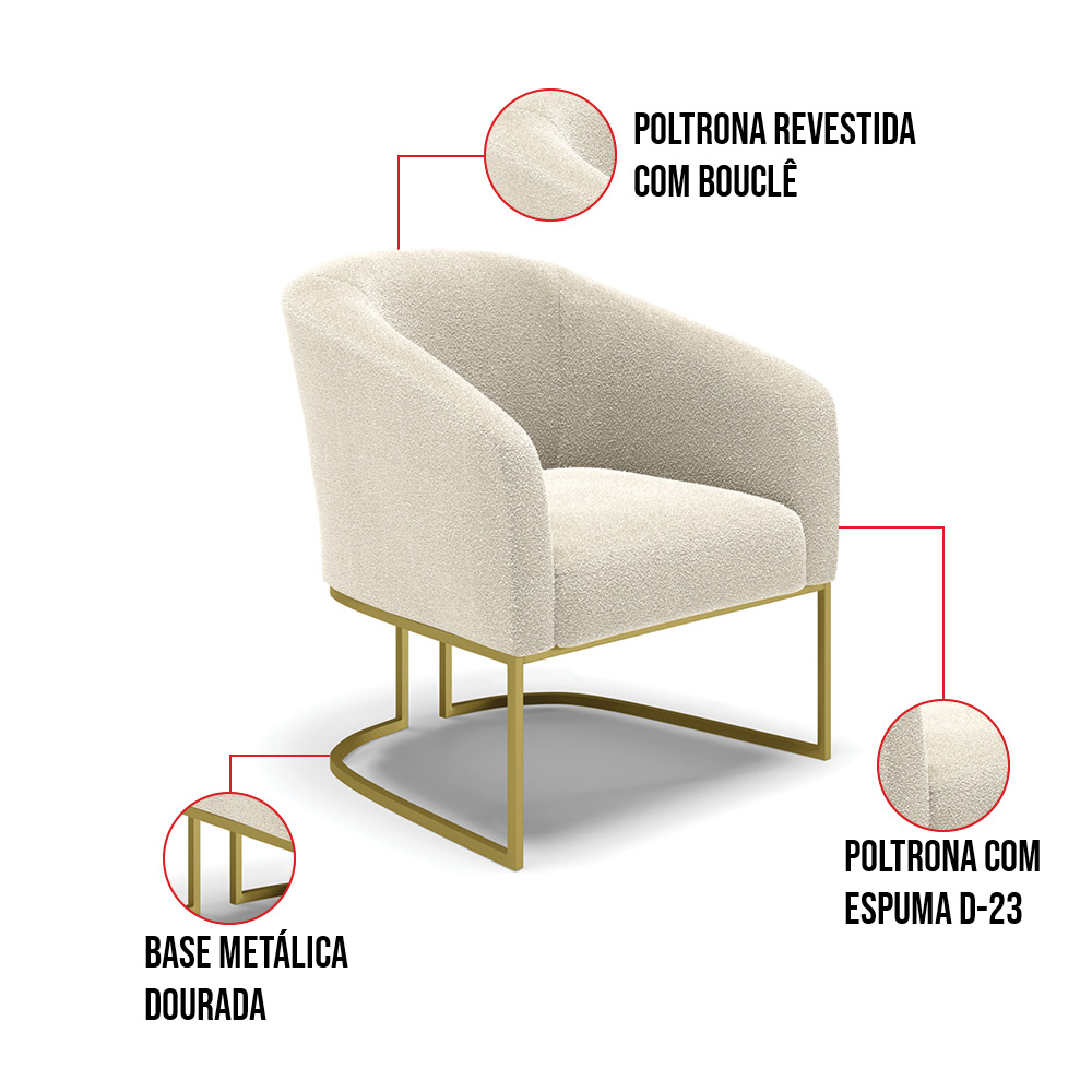 Poltrona Stella Bouclê Bege Base Metálica Industrial Dourado - D'Rossi