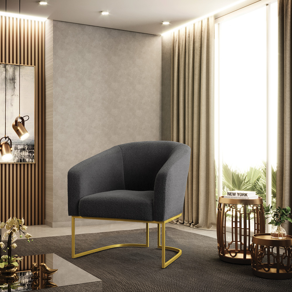 Poltrona Stella Bouclê Grafite Base Metálica Industrial Dourado - D'Rossi