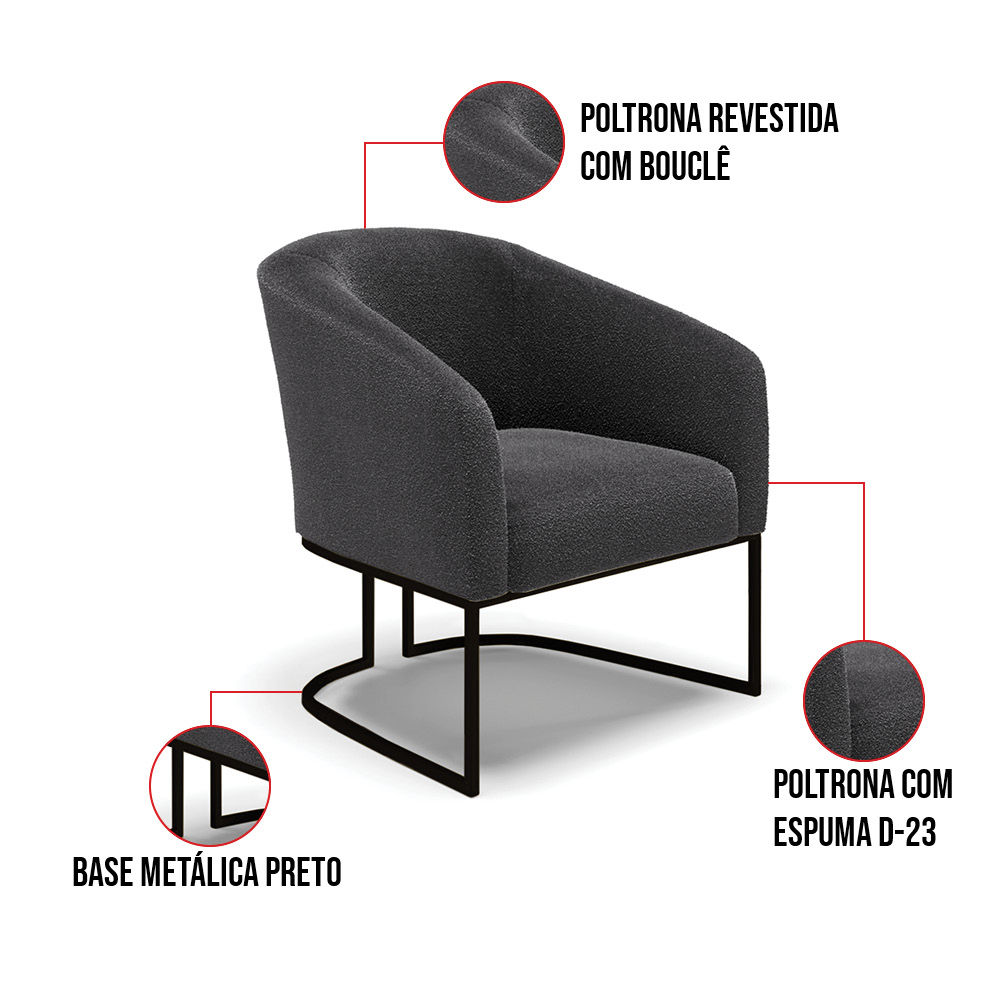 Poltrona Stella Bouclê Grafite Base Metálica Industrial Preto - D'Rossi