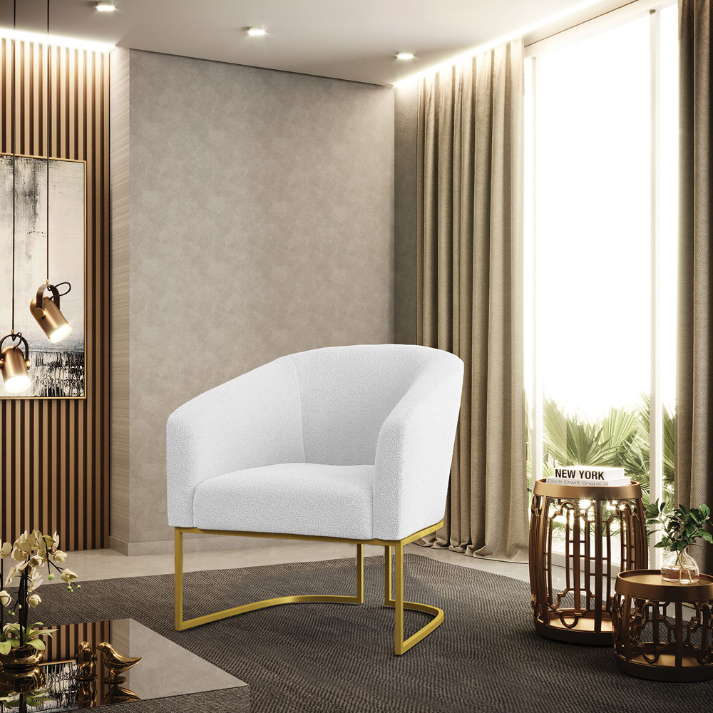 Poltrona Stella Bouclê Off White Base Metálica Industrial Dourado - D'Rossi