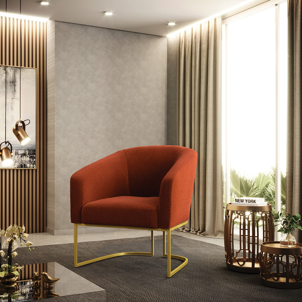 Poltrona Stella Bouclê Terra Base Metálica Industrial Dourado - D'Rossi