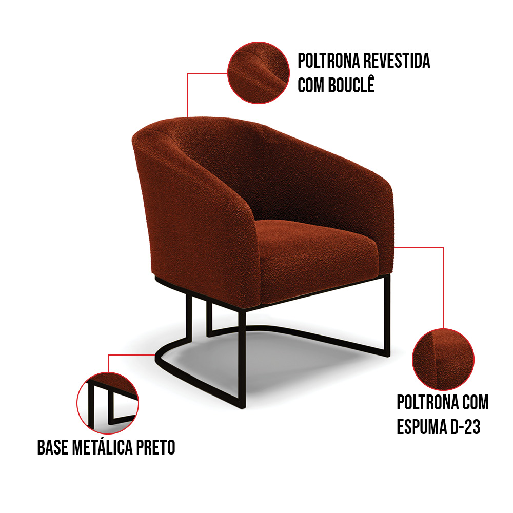 Poltrona Stella Bouclê Terra Base Metálica Industrial Preto - D'Rossi