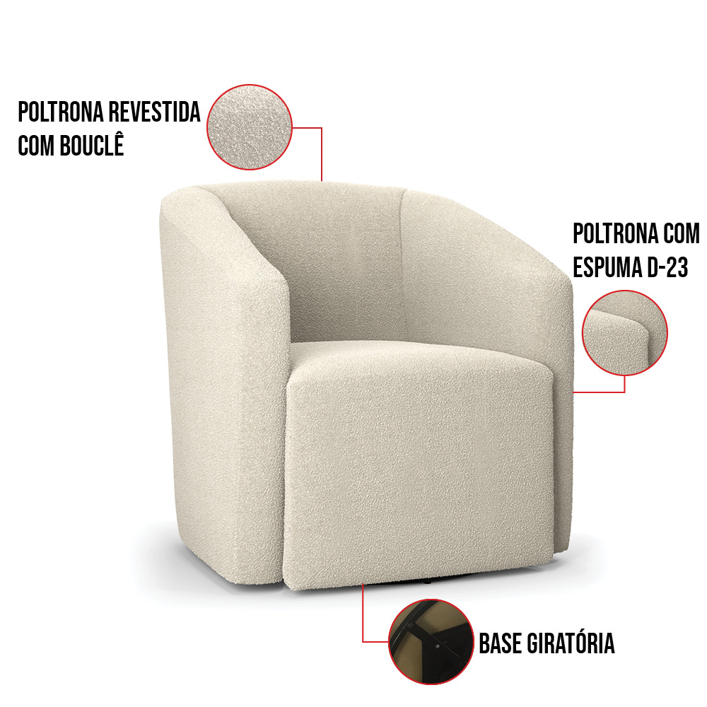 Poltrona Stella Max Bouclê Bege Base Giratória - D'Rossi