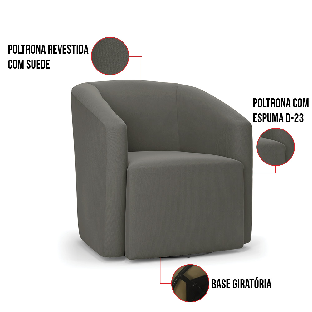Poltrona Stella Max Suede Grafite Base Giratória - D'Rossi