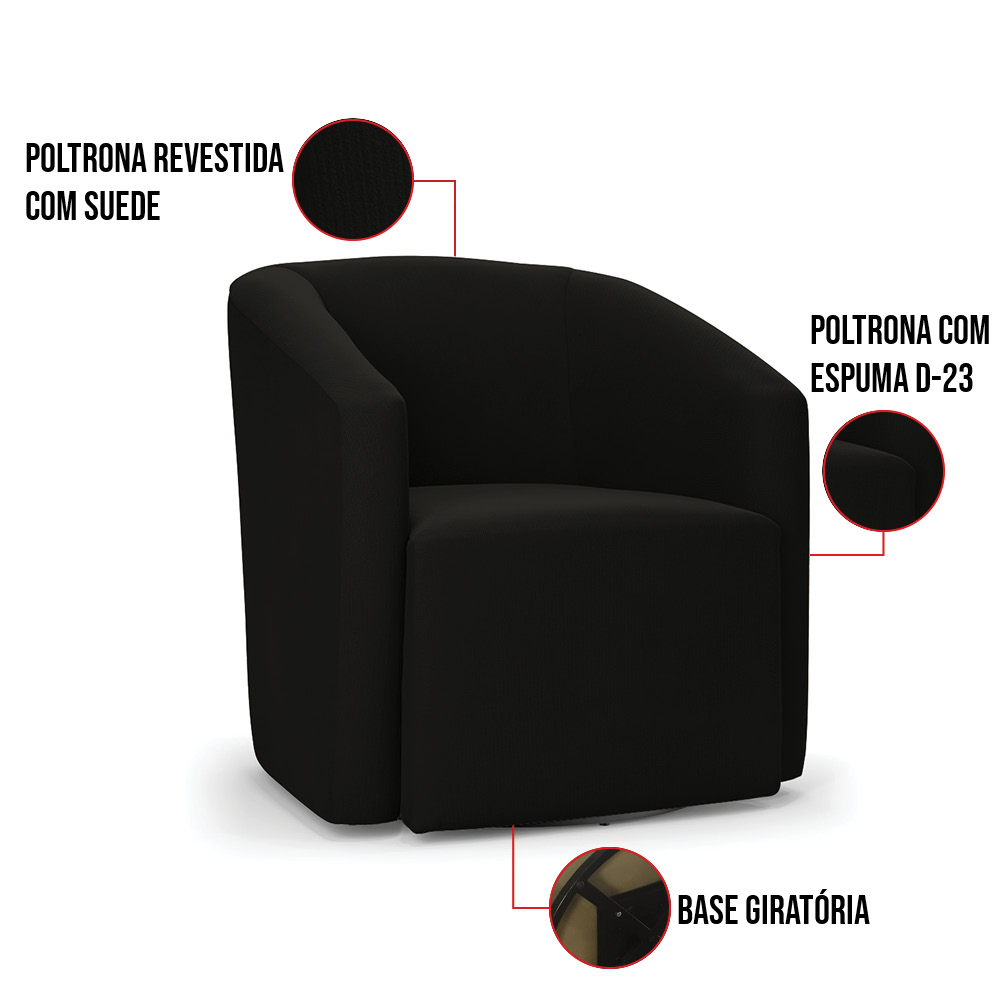 Poltrona Stella Max Suede Preto Base Giratória - D'Rossi