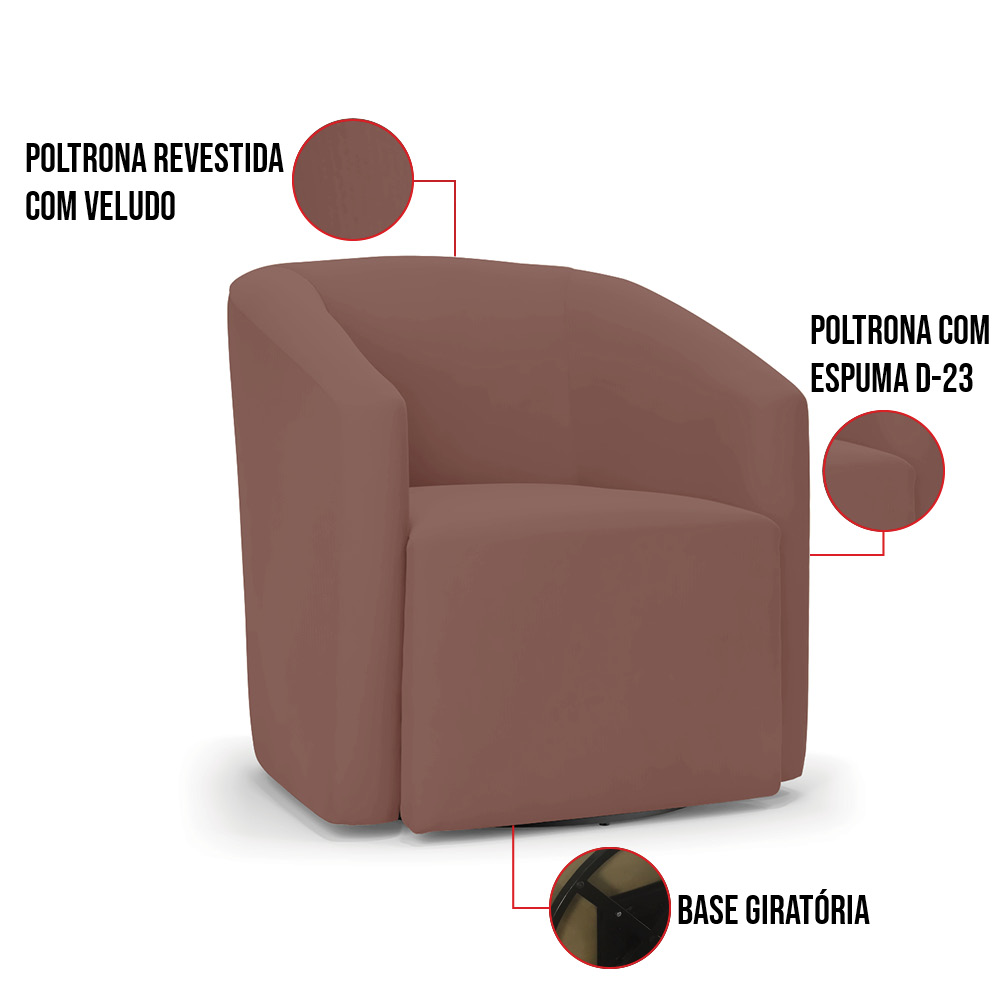 Poltrona Stella Max Veludo Rosê Base Giratória - D'Rossi