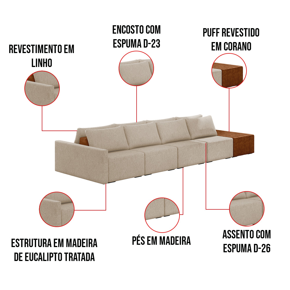 Sofá Ilha 4 Lugares Living 392cm Modulado para Sala Lary Linho Bege K01 - D'Rossi