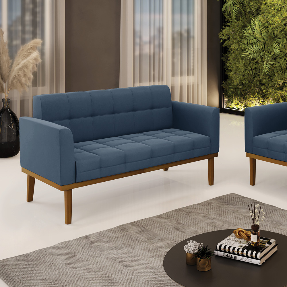 Sofá Namoradeira 2 Lugares Base de Madeira Castanho Elisa Suede Azul Marinho D03 - DRossi