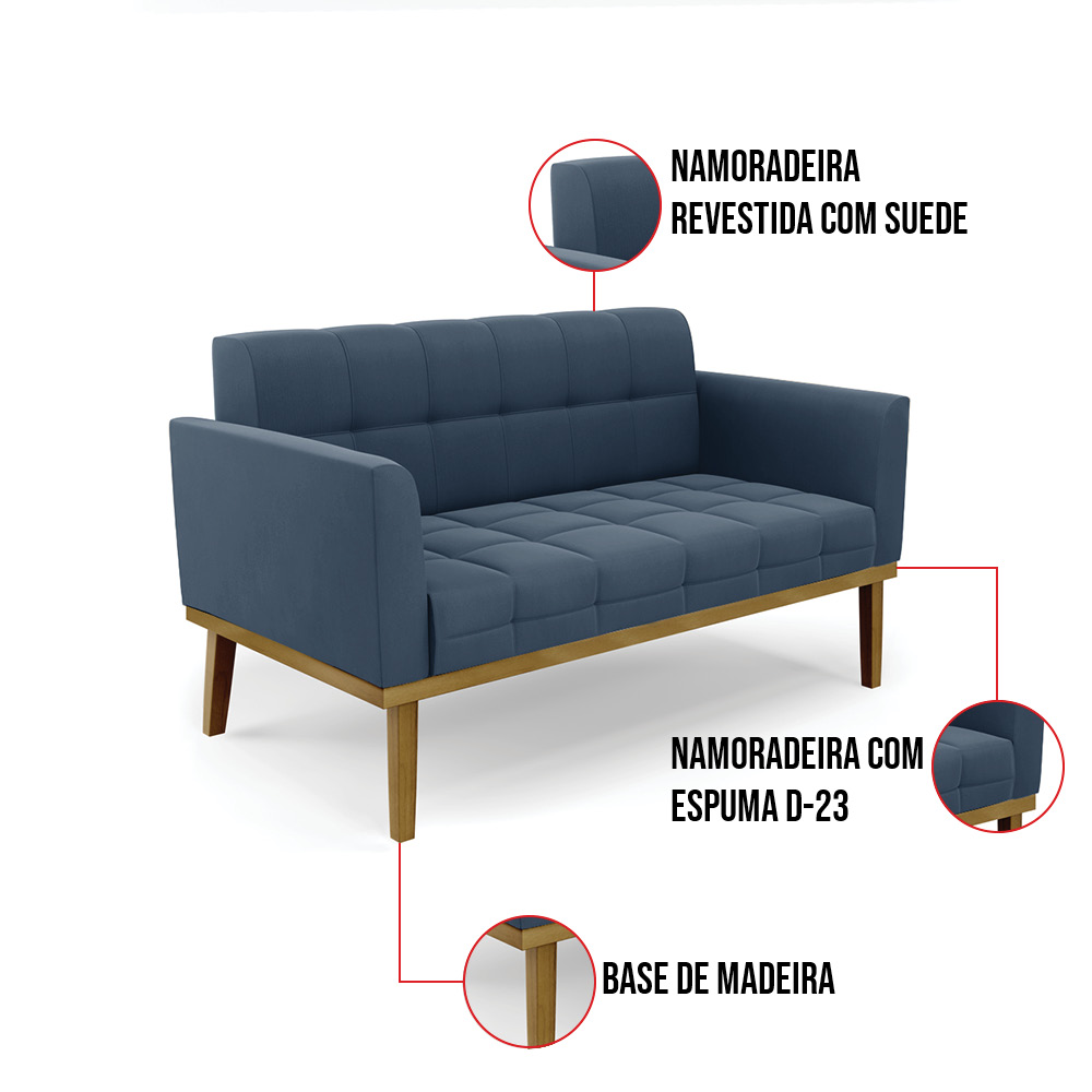 Sofá Namoradeira 2 Lugares Base de Madeira Castanho Elisa Suede Azul Marinho D03 - DRossi