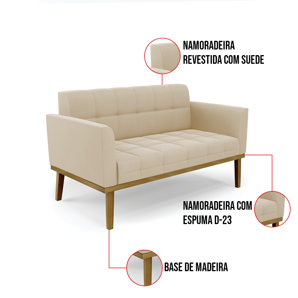 Sofá Namoradeira 2 Lugares Base de Madeira Castanho Elisa Suede Bege D03 - DRossi