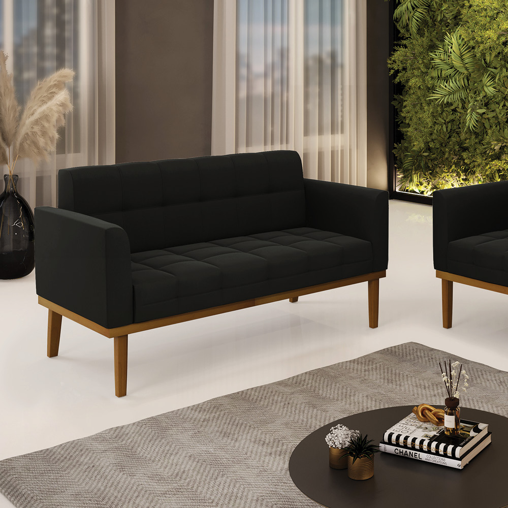 Sofá Namoradeira 2 Lugares Base de Madeira Castanho Elisa Suede Preto D03 - DRossi