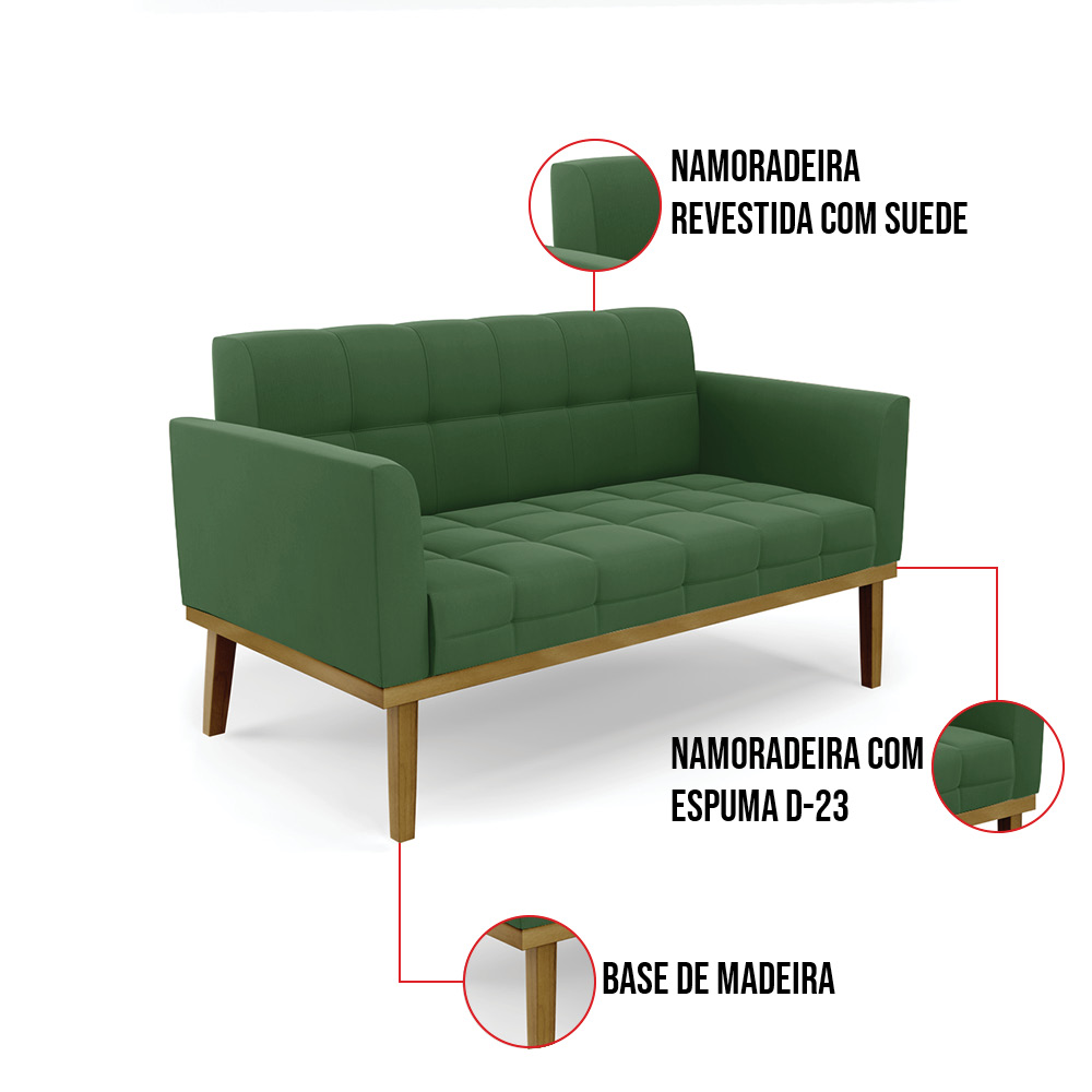 Sofá Namoradeira 2 Lugares Base de Madeira Castanho Elisa Suede Verde D03 - DRossi