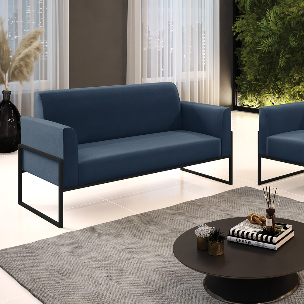 Sofá Namoradeira Base Industrial Alta Preto Marisa Suede Azul Marinho D03 - D?Rossi