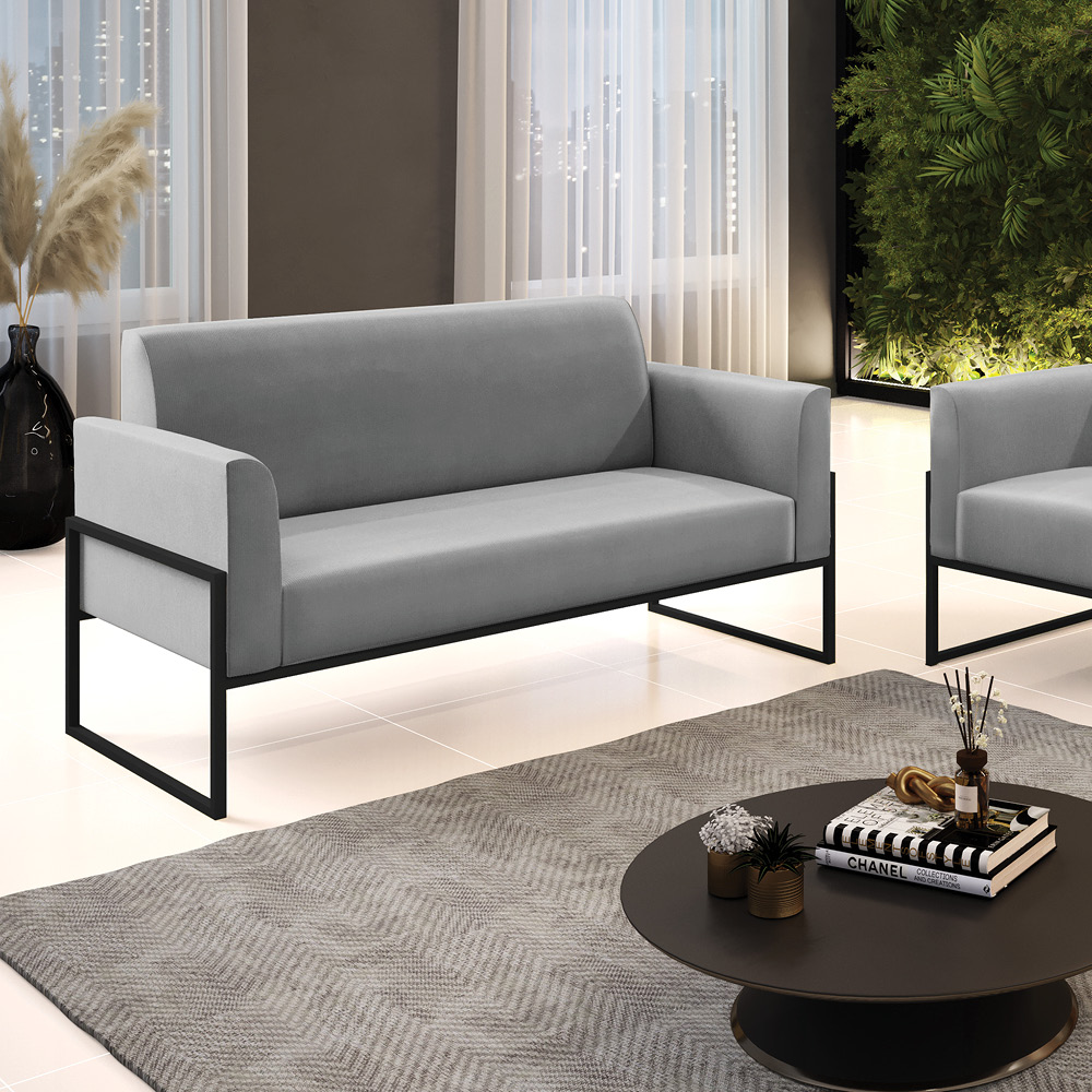 Sofá Namoradeira Base Industrial Alta Preto Marisa Suede Cinza D03 - D?Rossi