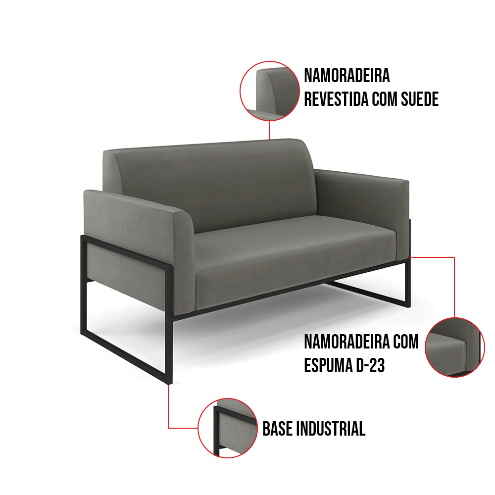 Sofá Namoradeira Base Industrial Alta Preto Marisa Suede Grafite D03 - D?Rossi