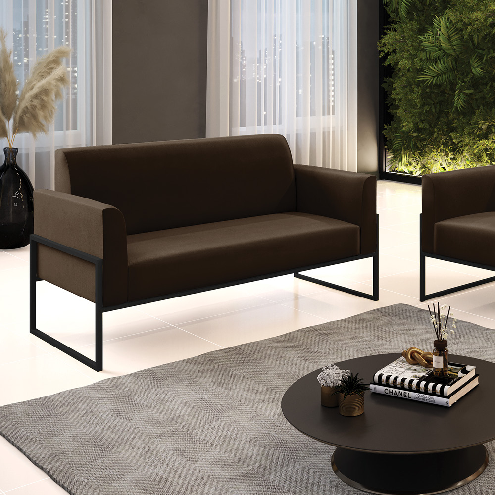 Sofá Namoradeira Base Industrial Alta Preto Marisa Suede Marrom D03 - D?Rossi